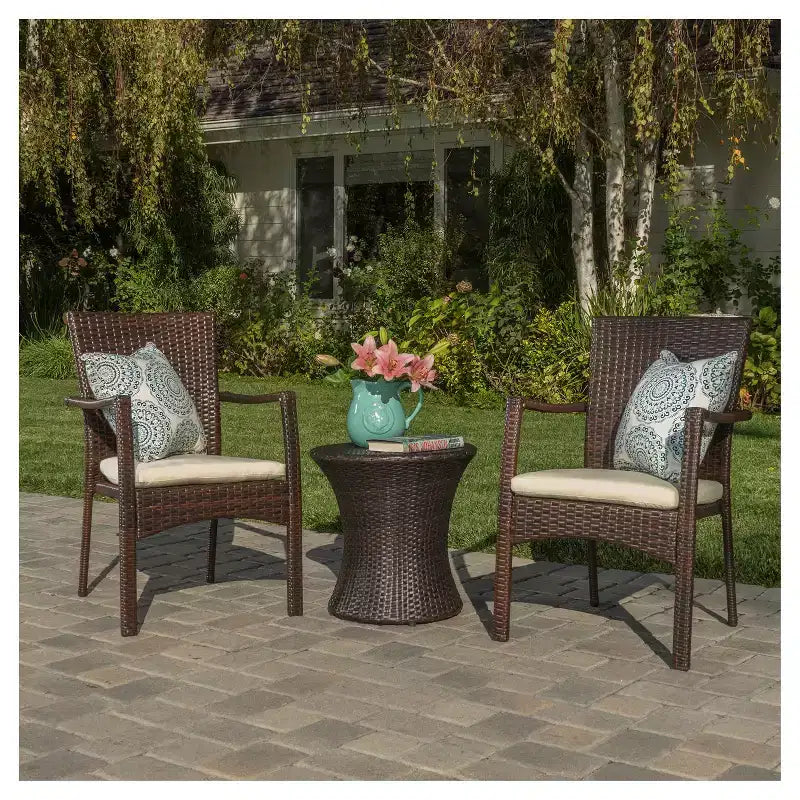 Corsica 3pc All-Weather Wicker Patio Chair Set - Brown - Christopher Knight Home: Outdoor Seating with Accent Table