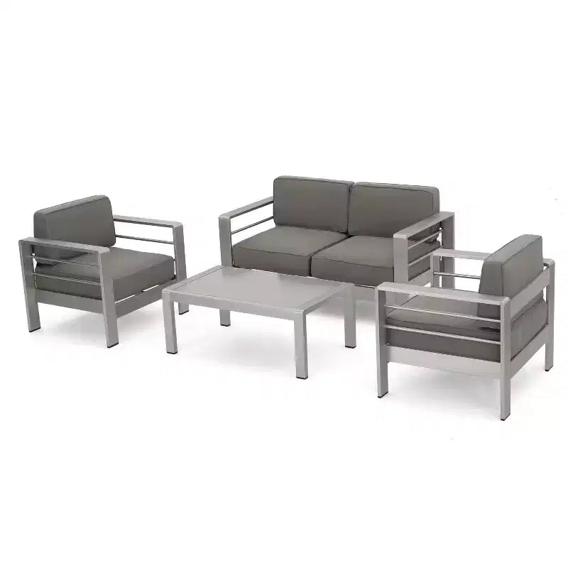 Ensemble de causeuse de patio 4 pièces en fonte d'aluminium Cape Coral avec coussins - Argent - Christopher Knight Home : Design moderne, résistant à l'eau