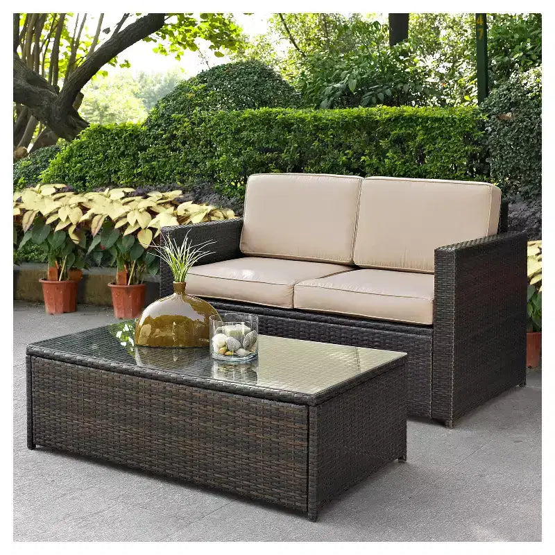 Palm Harbor 2pc Outdoor Wicker Seating Set with Loveseat & Glass Top Table Sand - Crosley: Steel Frame, UV-Resistant