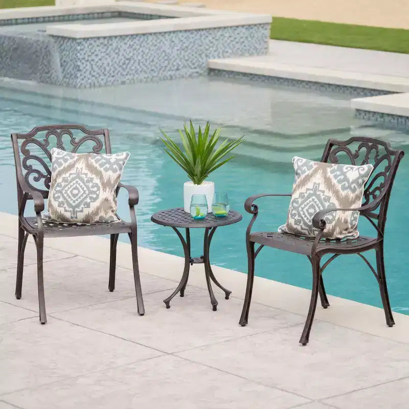 Lola 3pc Cast Aluminum Chat Set - Bronze - Christopher Knight Home: Weather-Resistant, 2 Arm Chairs & Accent Table
