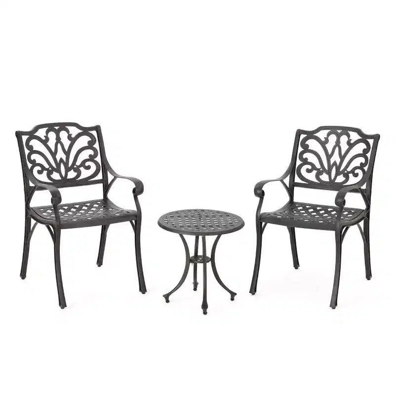 Ensemble de conversation Lola 3 pièces en fonte d'aluminium – Bronze – Christopher Knight Home : Résistant aux intempéries, 2 fauteuils et une table d'appoint