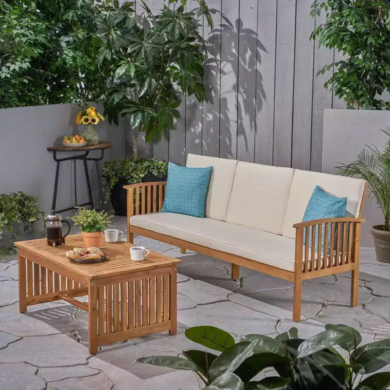 2pc Carolina Acacia Patio Sofa and Coffee Table Set Teak: Weather-Resistant with Cushions - Christopher Knight Home