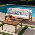 Perla 4pc Acacia Wood Sectional Sofa Set Teak/Cream - Christopher Knight Home: Weather-Resistant Outdoor Seating
