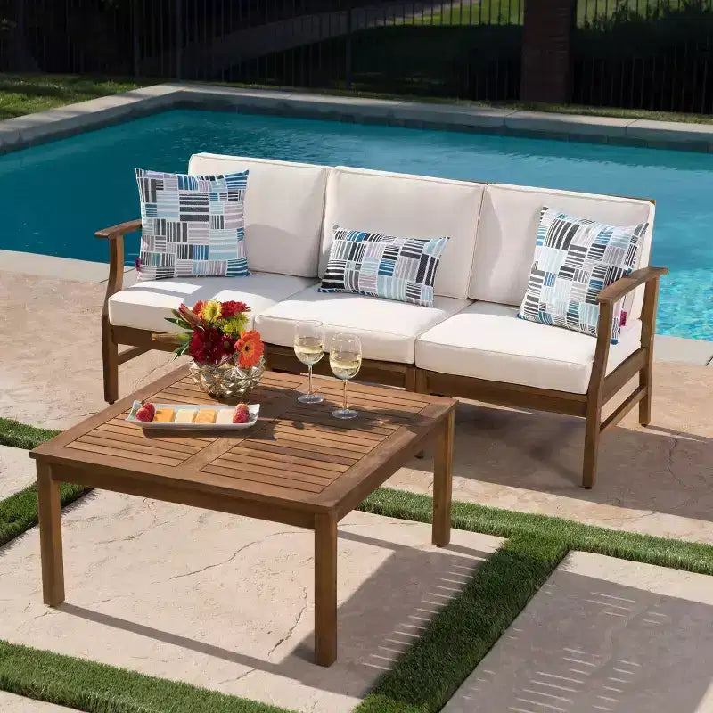 Perla 4pc Acacia Wood Sectional Sofa Set Teak/Cream - Christopher Knight Home: Weather-Resistant Outdoor Seating