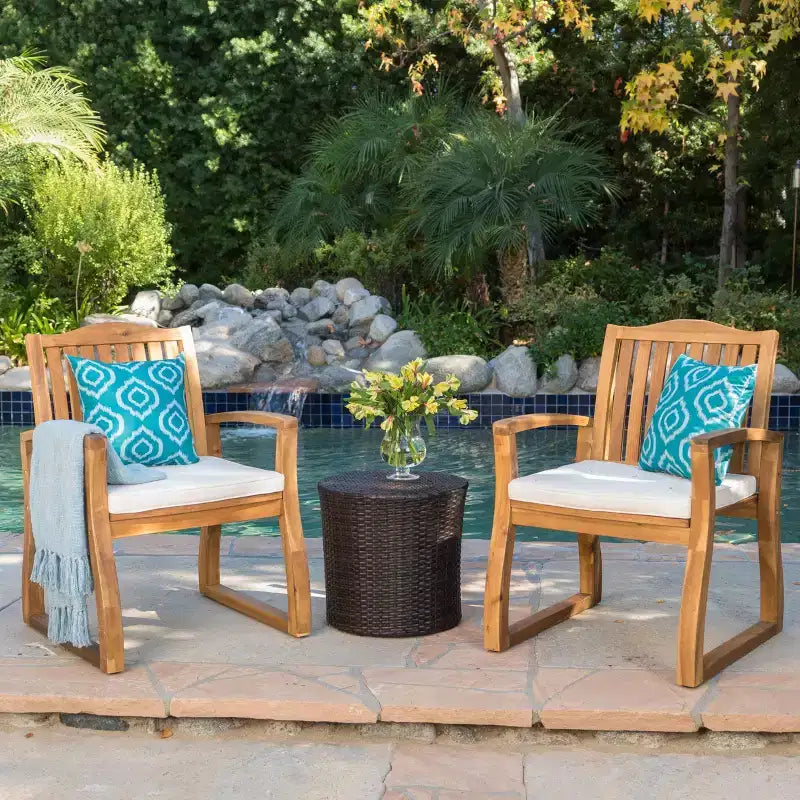 Tampa 3pc Acacia Wood & Wicker Patio Chat Set - Brown - Christopher Knight Home: Weather-Resistant with Cushions
