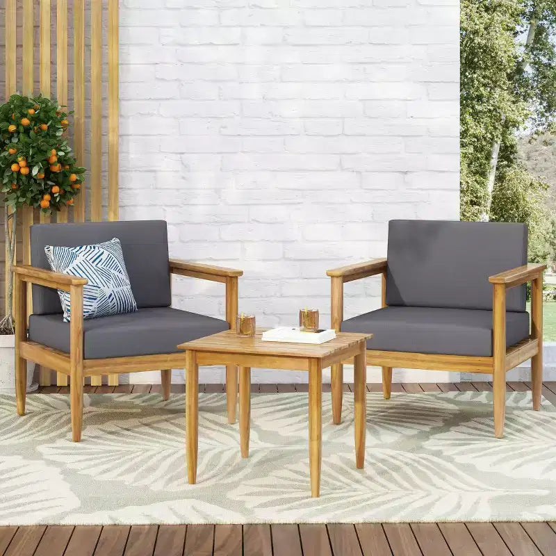 Ensemble de conversation de patio 2 places en bois d'acacia 3 pièces Magnolia - Teck/Gris foncé - Christopher Knight Home : Mobilier de conversation extérieur avec coussins