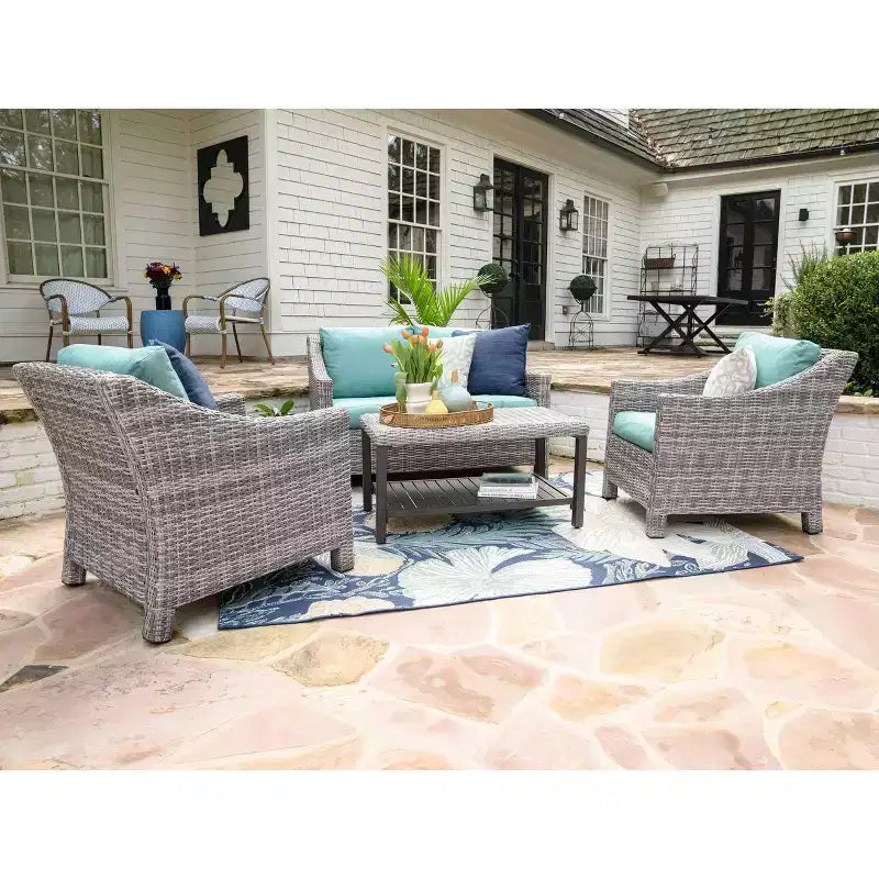 Ensemble de 4 fauteuils en osier Marietta Leisure Made avec tissu bleu lagon