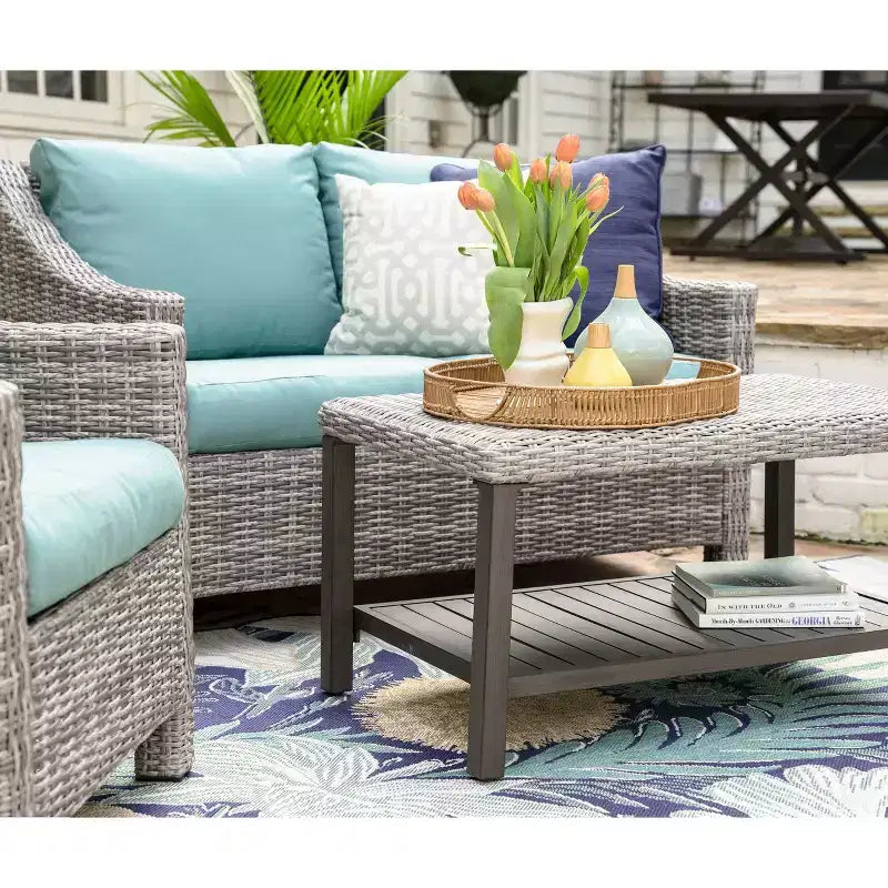 Ensemble de 4 fauteuils en osier Marietta Leisure Made avec tissu bleu lagon