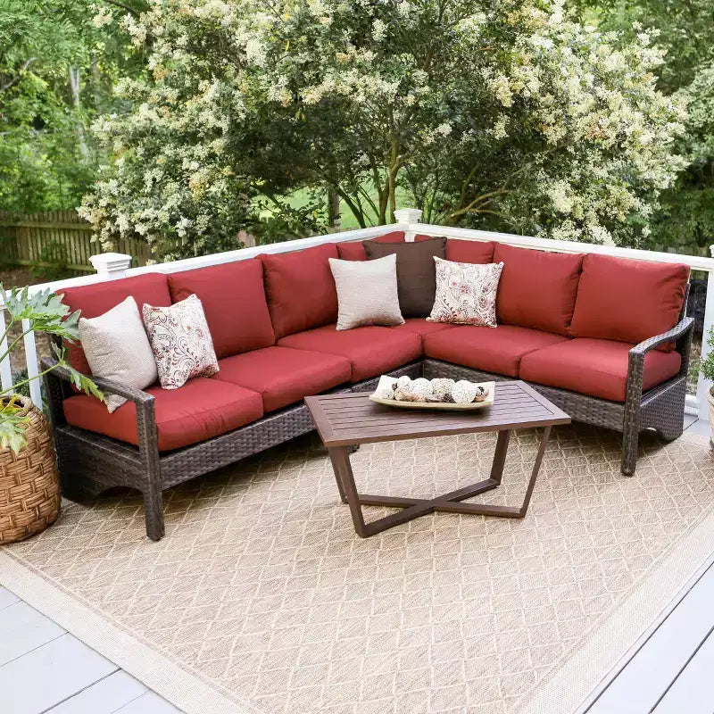 Canapé d'angle en osier Leisure Made Augusta 5 pièces avec tissu rouge