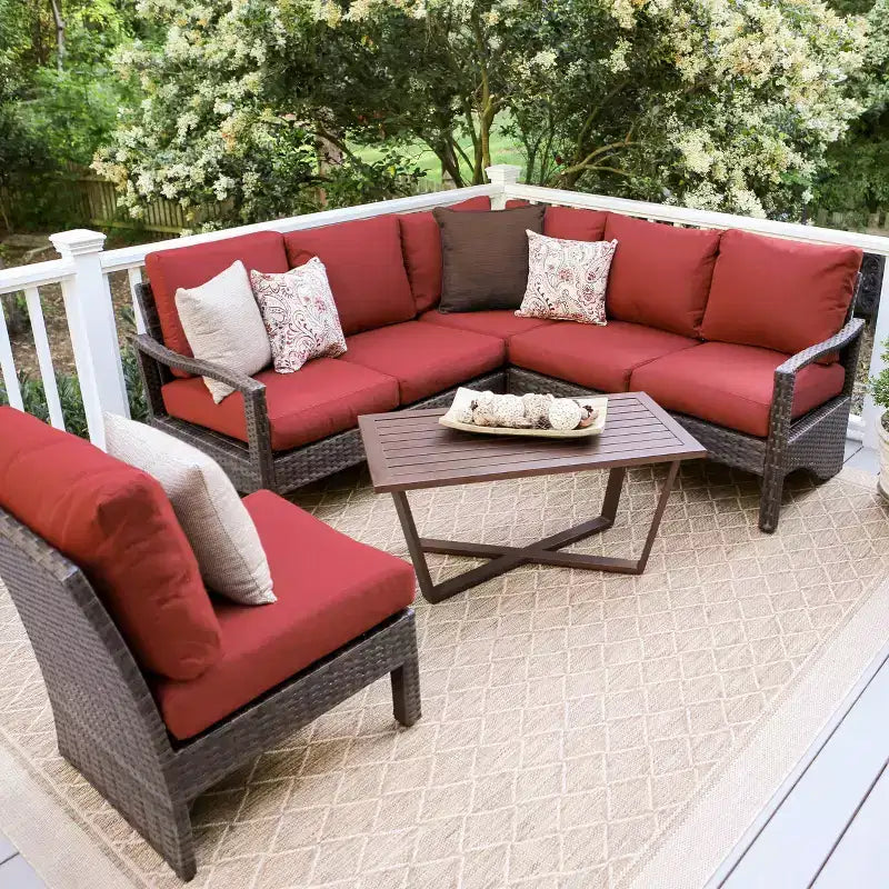 Canapé d'angle en osier Leisure Made Augusta 5 pièces avec tissu rouge