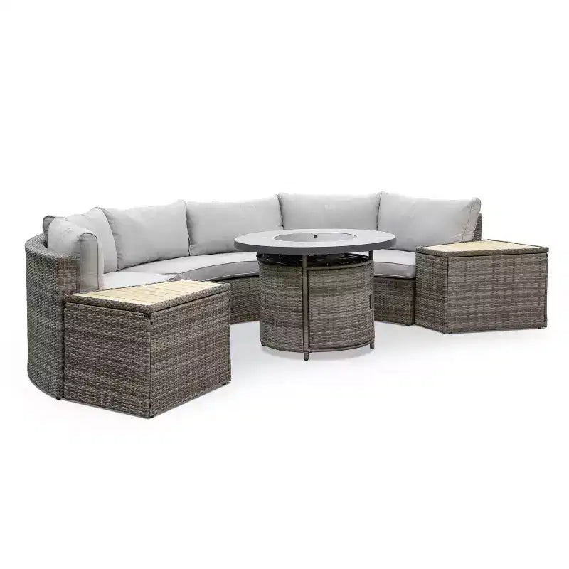 Greemotion 6pc Barbuda Teak Wood Outdoor Patio Firepit Sets Brown: Aluminum Frame, Ceramic Tile, UV Protection