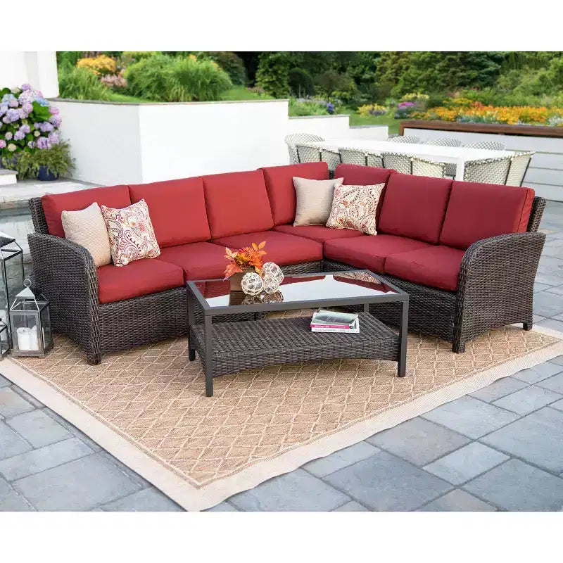 Canapé d'angle en osier Leisure Made Jackson 5 pièces avec tissu rouge