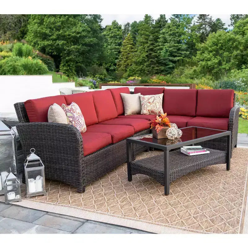 Canapé d'angle en osier Leisure Made Jackson 5 pièces avec tissu rouge