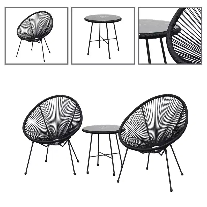 Ensemble de conversation 3 pièces tissé à la main Sassio – Noir – DUKAP
