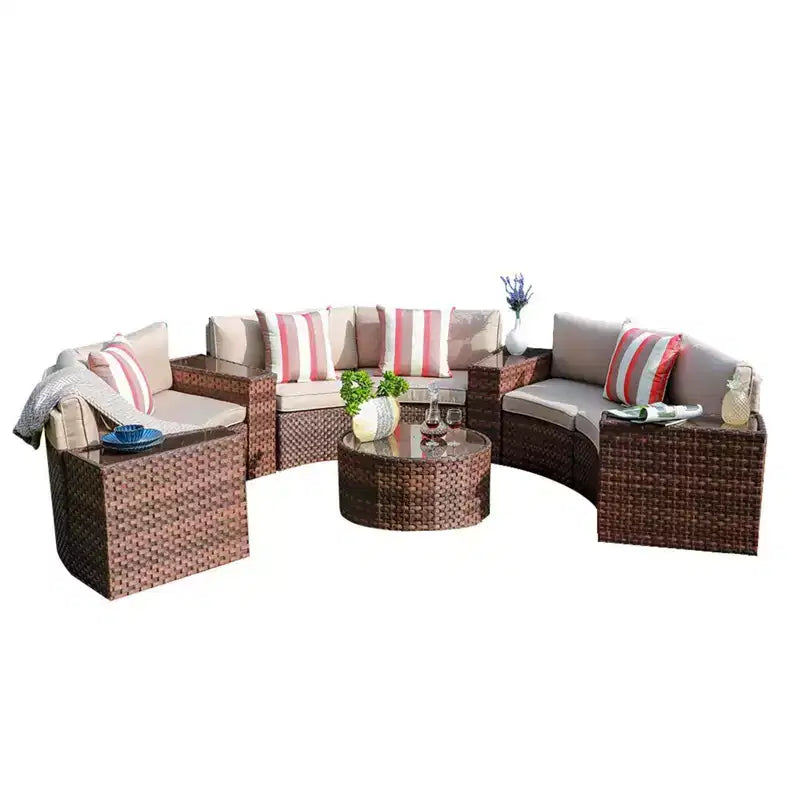 Sunsitt 11pc Outdoor Patio Half Moon Wicker Sofa with 4 Side Table and Pillows Brown
