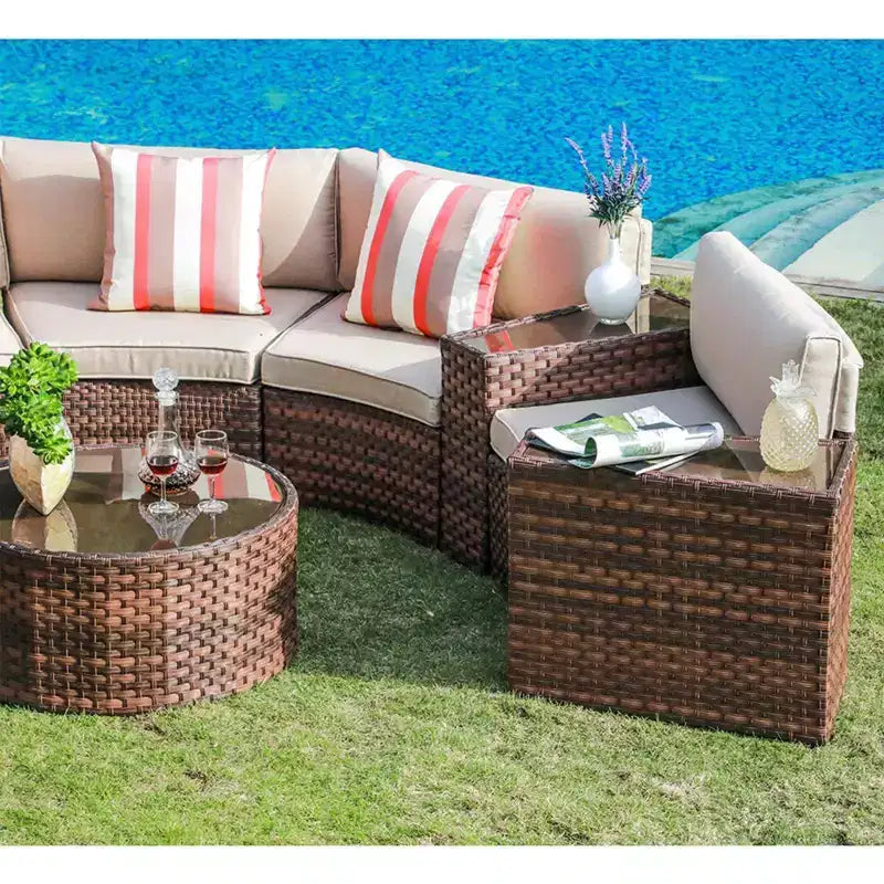 Sunsitt Canapé d'extérieur 11 pièces en rotin demi-lune avec 4 tables d'appoint et coussins, marron