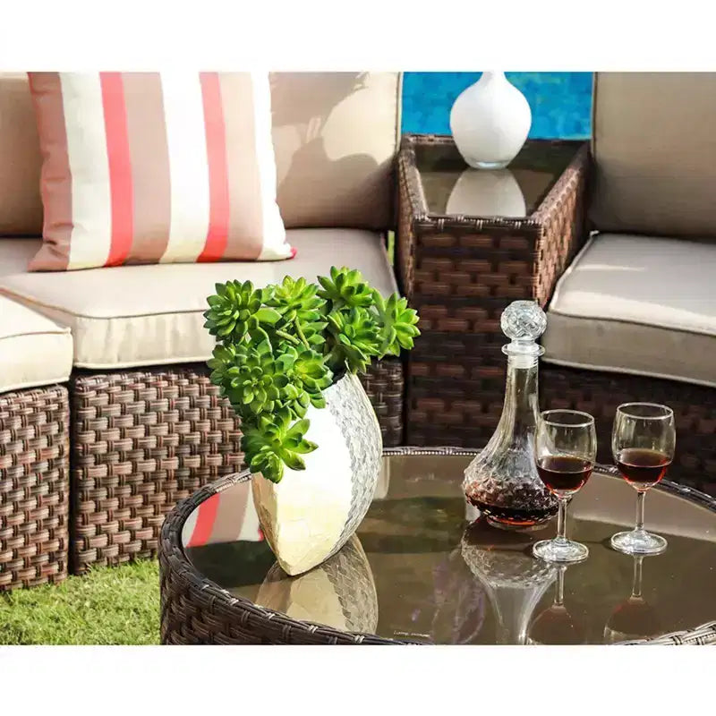 Sunsitt Canapé d'extérieur 11 pièces en rotin demi-lune avec 4 tables d'appoint et coussins, marron