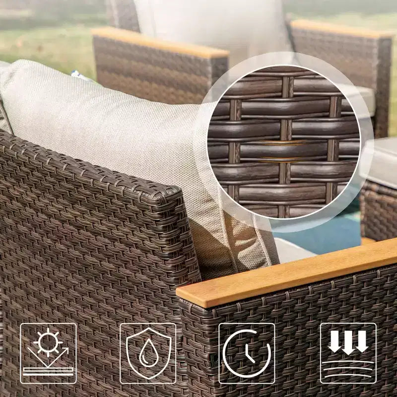 Captiva Designs Ensemble de 8 pièces en rotin tressé d'extérieur avec foyer et pouf, beige