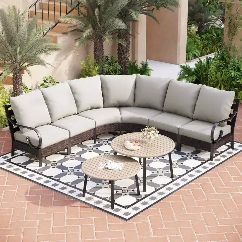 Captiva Designs 8pc 6-Seat Half-Moon Curved Outdoor Patio Conversation Set with Coffee Tables