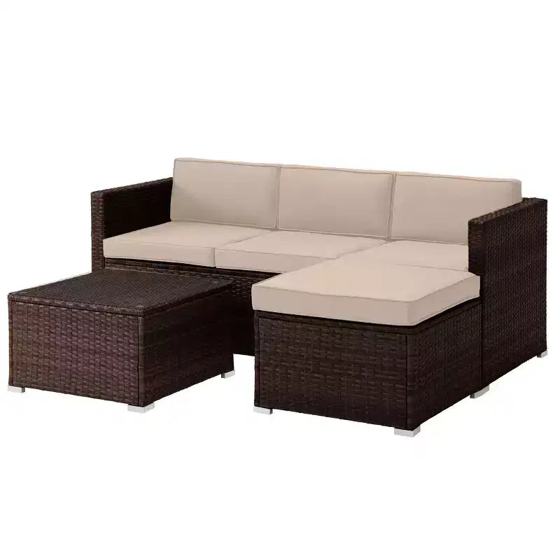 Pure Garden 3pc Outdoor Patio Rattan Furniture Set with Sectional Ottoman and Table Brown