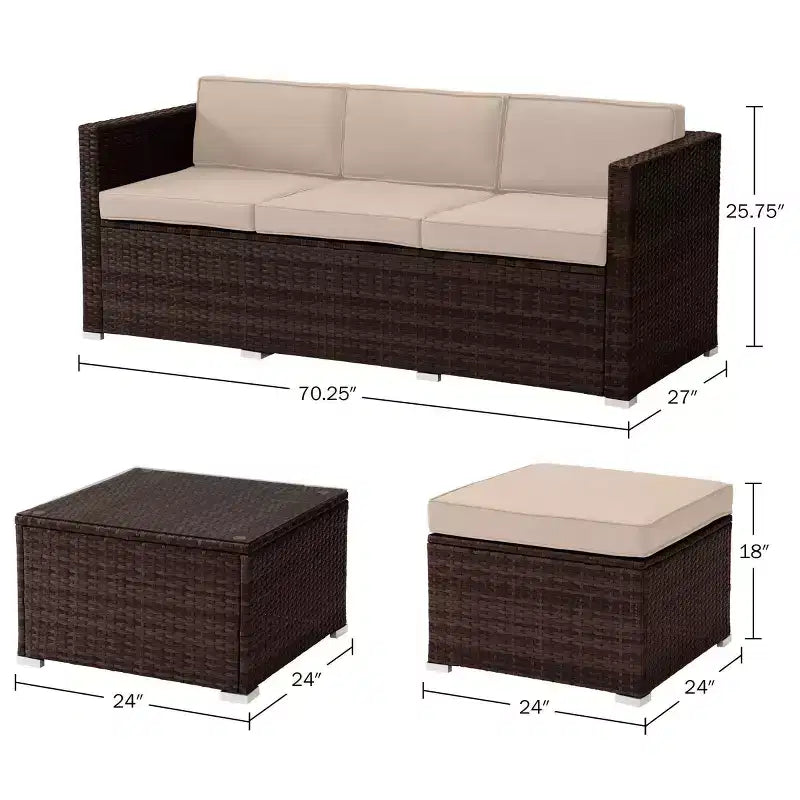 Ensemble de mobilier de jardin 3 pièces en rotin Pure Garden avec ottomane sectionnelle et table, couleur marron