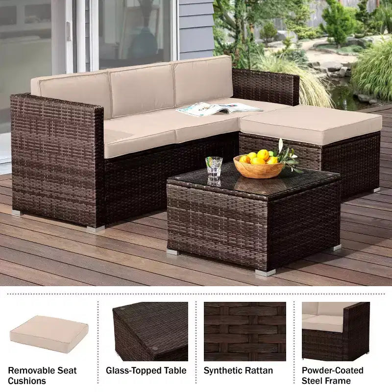 Ensemble de mobilier de jardin 3 pièces en rotin Pure Garden avec ottomane sectionnelle et table, couleur marron