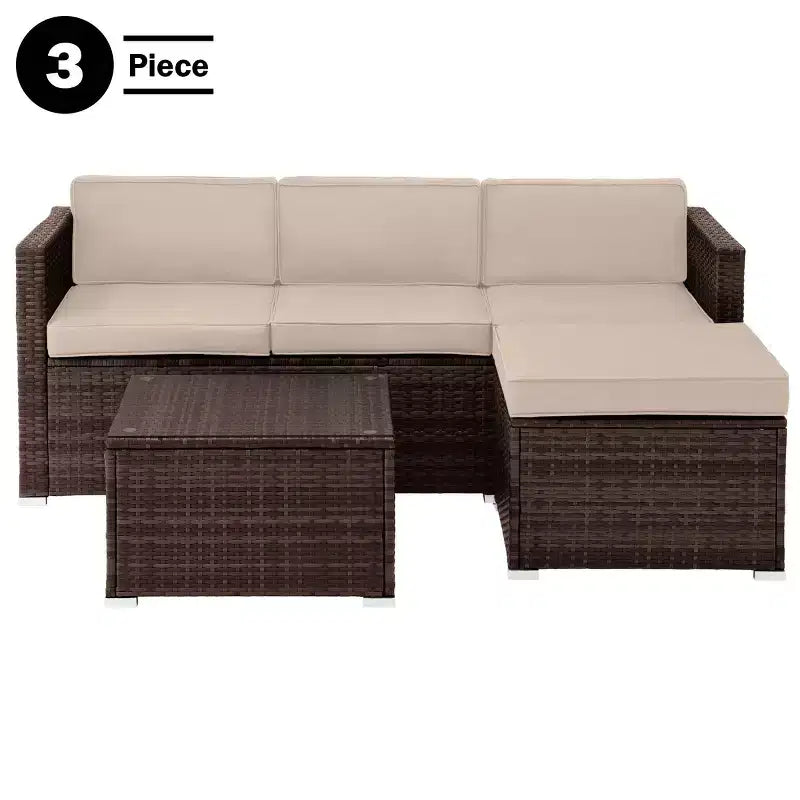 Ensemble de mobilier de jardin 3 pièces en rotin Pure Garden avec ottomane sectionnelle et table, couleur marron