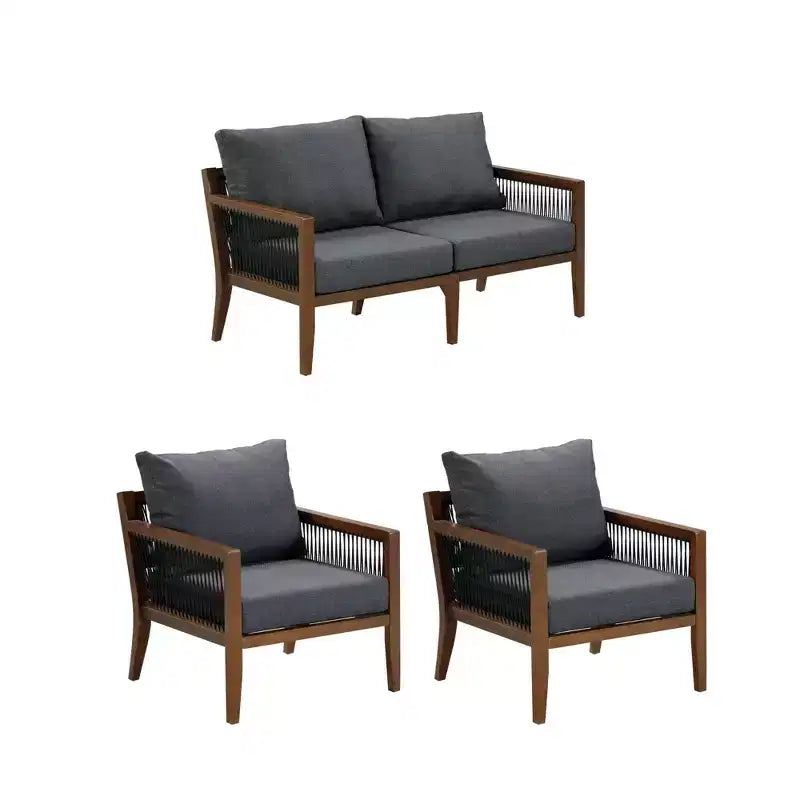Nathan James Freya Ensemble de conversation de patio 3 pièces en bois, style bohème, gris foncé