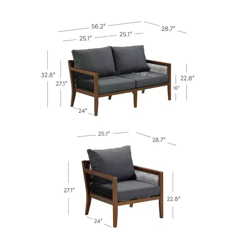 Nathan James Freya Ensemble de conversation de patio 3 pièces en bois, style bohème, gris foncé