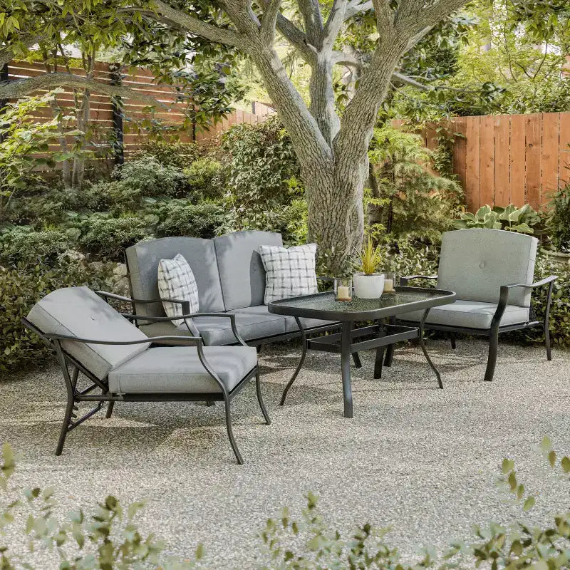 Greemotion Ensemble de mobilier de conversation d'extérieur 4 pièces en acier Palma avec sièges inclinables, gris : Revêtement par poudre, résistant aux UV et aux intempéries