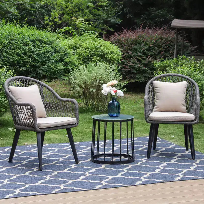 Ensemble de conversation 3 pièces avec chaises, coussins et table - Captiva Designs : Salon de jardin moderne, résistant à l'eau et à la rouille, cadre en acier