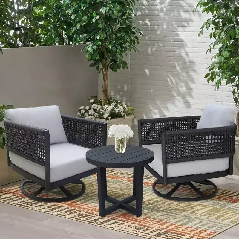 International Concepts 3pc Woven Abaca Rope Outdoor Patio Conversation Furniture Sets with End Table & 2 Swivel Chairs