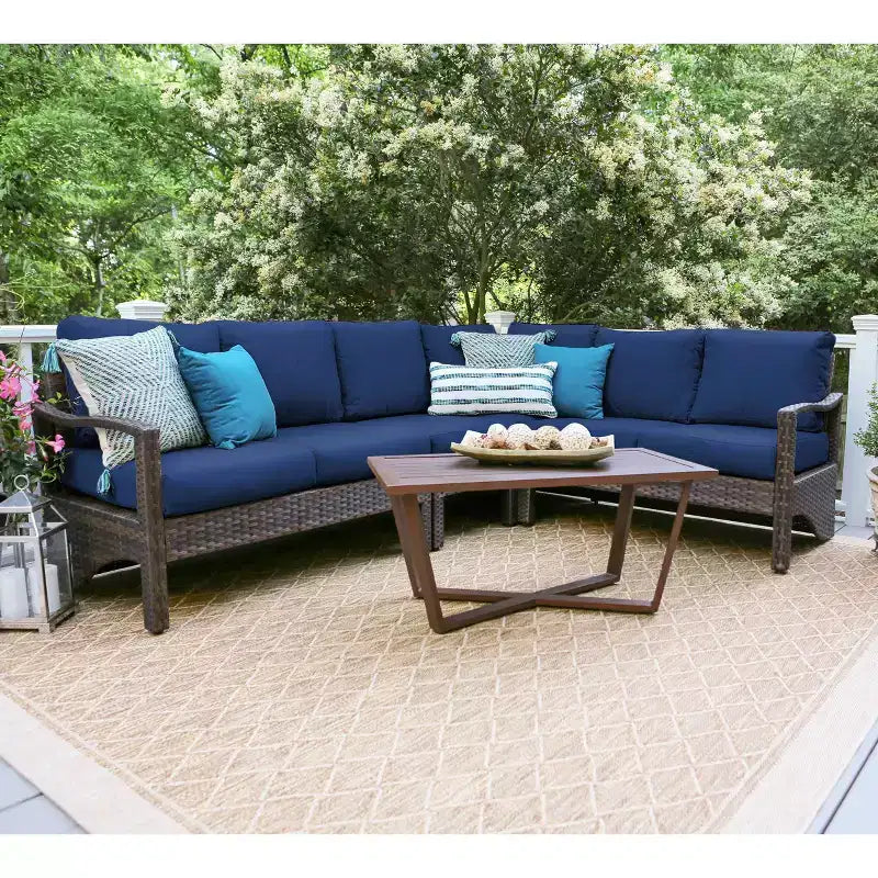 Canapé d'angle en osier 5 pièces Leisure Made Augusta avec tissu bleu marine