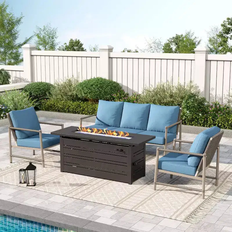 Captiva Designs Coastal 4pc Patio Steel and Rattan Fire Pit Set with Cushions