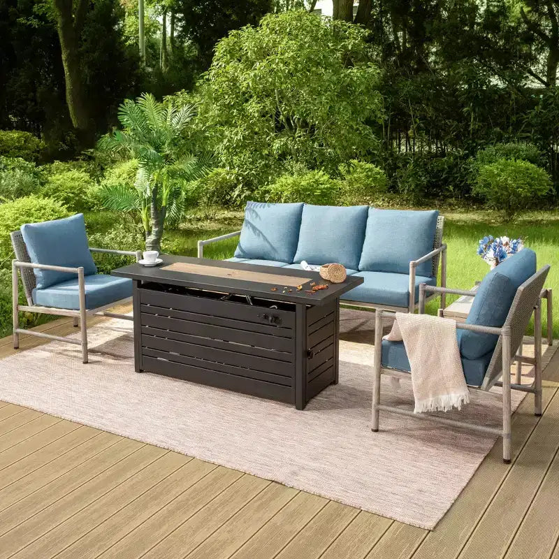 Ensemble de patio Captiva Designs Coastal 4 pièces en acier et rotin avec foyer et coussins