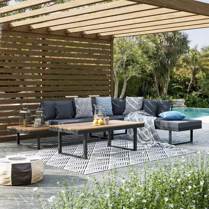 Ensemble de mobilier de jardin 2 pièces Greemotion San Jose : Structure en aluminium, bois d'acacia, coussins en polyester