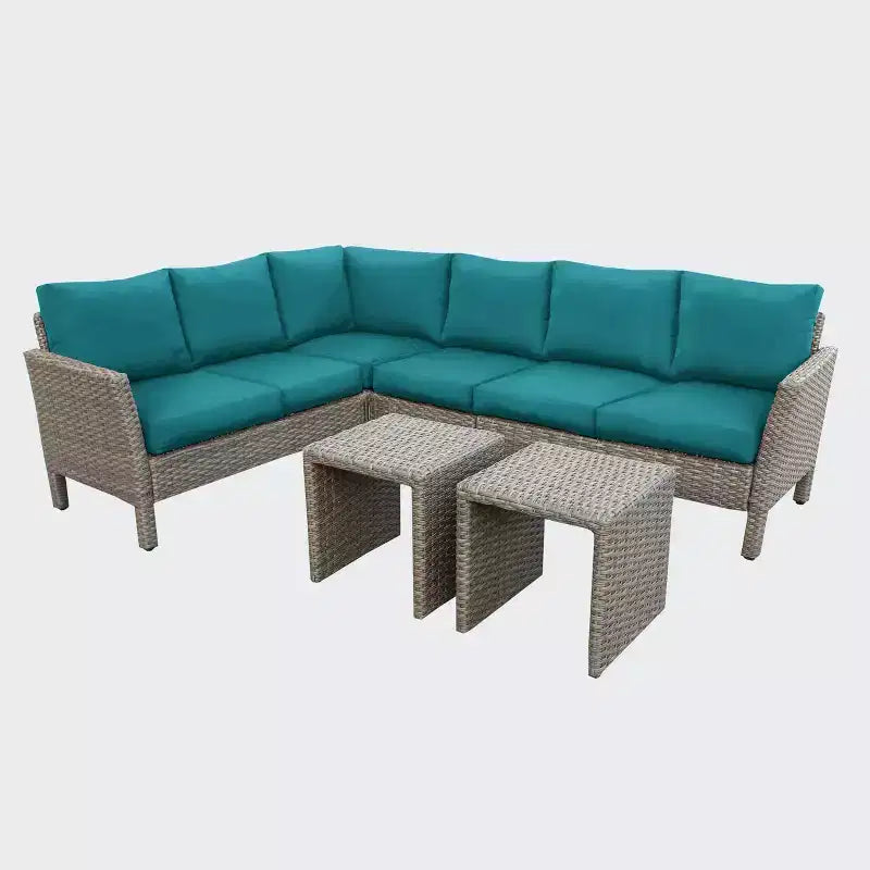 Leisure Made Canton 6pc Wicker Sectional in Peacock Fabric