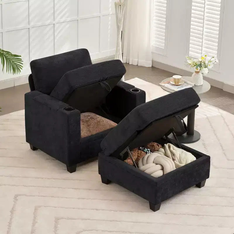 Fauteuil de rangement Hyleory en chenille avec pouf, Fauteuil capitonné confortable avec accoudoirs pour salon ou chambre à coucher