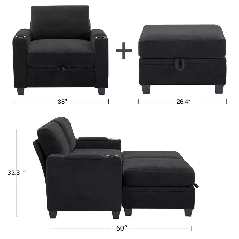 Fauteuil de rangement Hyleory en chenille avec pouf, Fauteuil capitonné confortable avec accoudoirs pour salon ou chambre à coucher