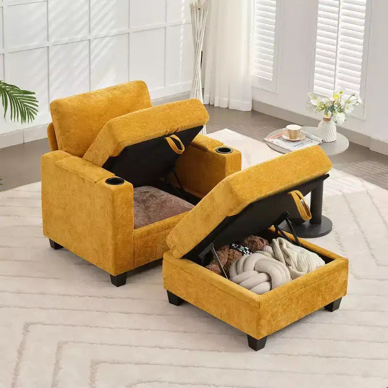 Fauteuil de rangement Hyleory en chenille avec pouf, Fauteuil capitonné confortable avec accoudoirs pour salon ou chambre à coucher