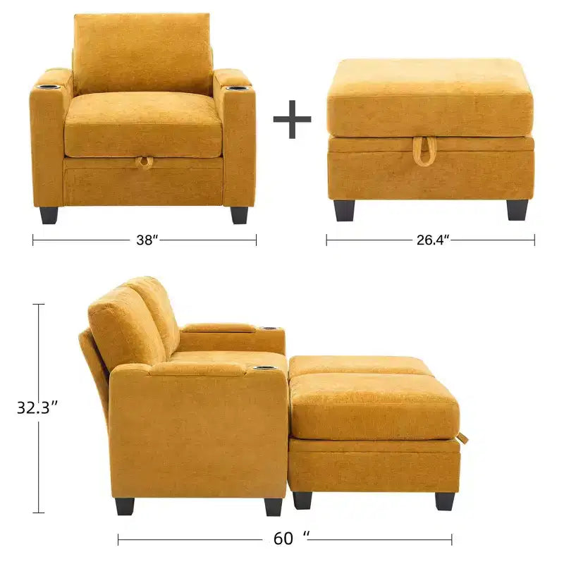 Fauteuil de rangement Hyleory en chenille avec pouf, Fauteuil capitonné confortable avec accoudoirs pour salon ou chambre à coucher