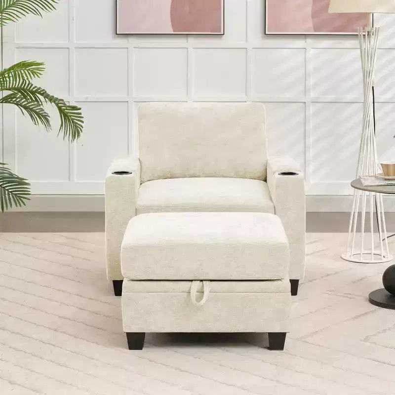Fauteuil de rangement Hyleory en chenille avec pouf, Fauteuil capitonné confortable avec accoudoirs pour salon ou chambre à coucher