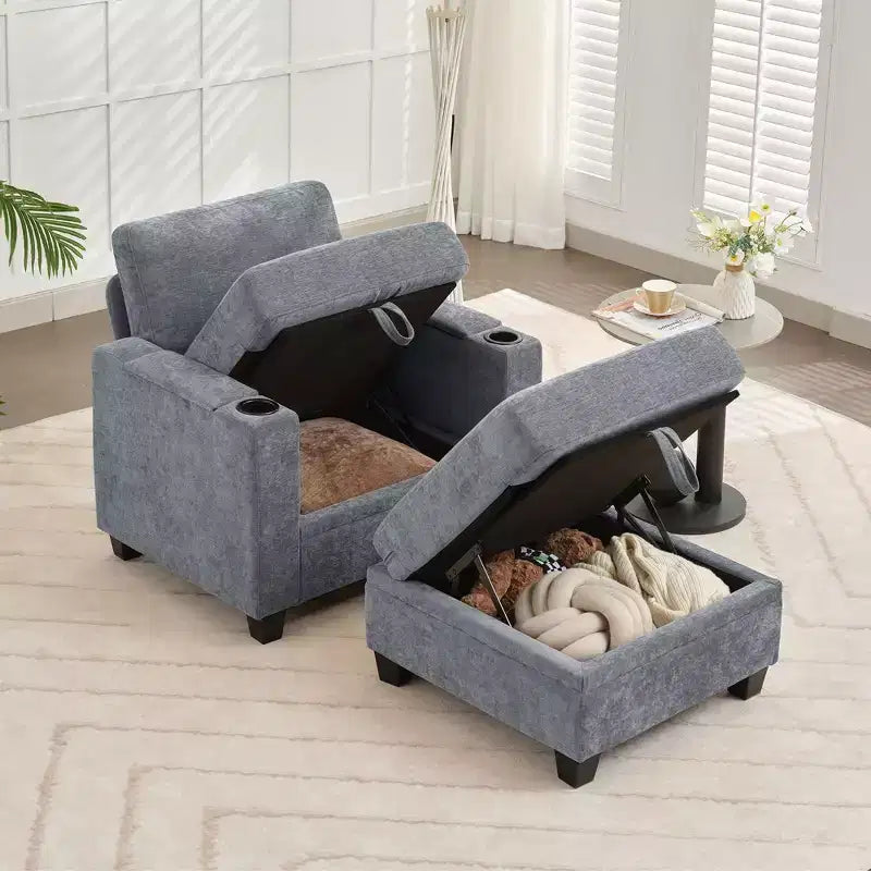 Fauteuil de rangement Hyleory en chenille avec pouf, Fauteuil capitonné confortable avec accoudoirs pour salon ou chambre à coucher