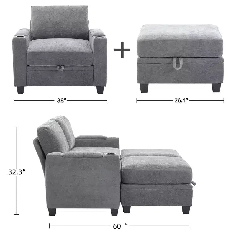 Fauteuil de rangement Hyleory en chenille avec pouf, Fauteuil capitonné confortable avec accoudoirs pour salon ou chambre à coucher