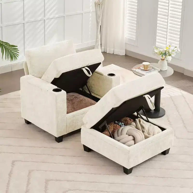 Fauteuil de rangement Hyleory en chenille avec pouf, Fauteuil capitonné confortable avec accoudoirs pour salon ou chambre à coucher