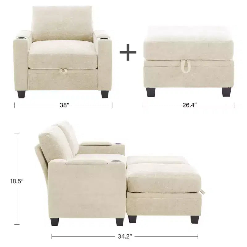 Fauteuil de rangement Hyleory en chenille avec pouf, Fauteuil capitonné confortable avec accoudoirs pour salon ou chambre à coucher