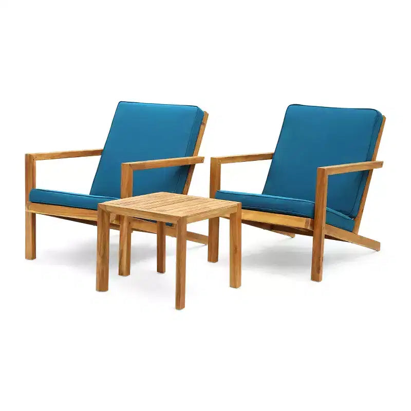 GDFStudio Ludwig Outdoor Acacia Wood 3 Piece Chat Set with Cushions