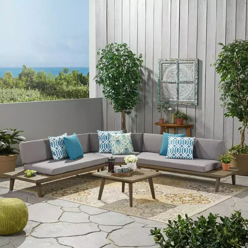 Christopher Knight Home Adelia Canapé d'angle en acacia en V pour l'extérieur à 5 places avec coussins