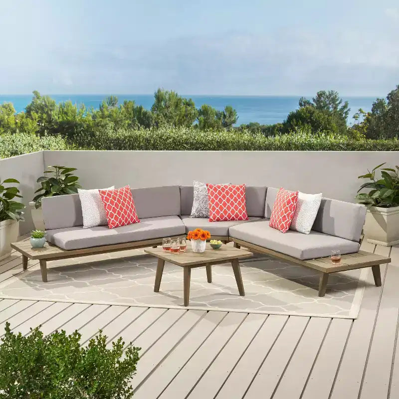Christopher Knight Home Adelia Outdoor V-Shape Acacia Wood 5 Seater Sectional Sofa Set with Cushions
