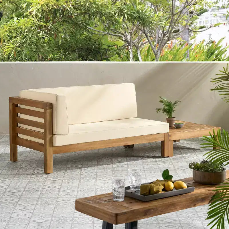 Christopher Knight Home Oana – Causeuse à bras gauche et table basse d’extérieur en bois d’acacia avec coussin